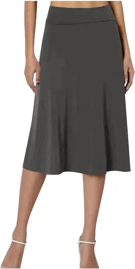 Women's Knee Length Casual Skirts Flared Elastic High Waisted Midi Pleated Flowy A-Line Summer Skirts Solid Color Skirt
