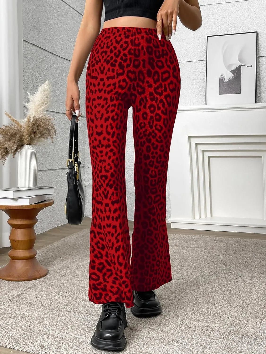 Women's Leopard Print Skinny Flared Pants Casual Fitted Flared Yoga Pants