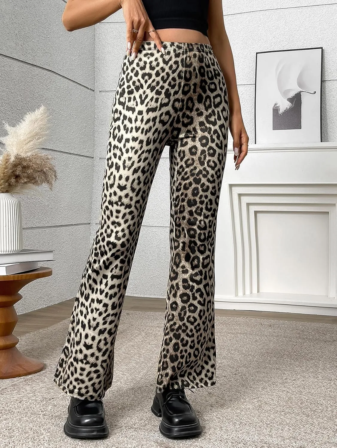 Women's Leopard Print Skinny Flared Pants Casual Fitted Flared Yoga Pants