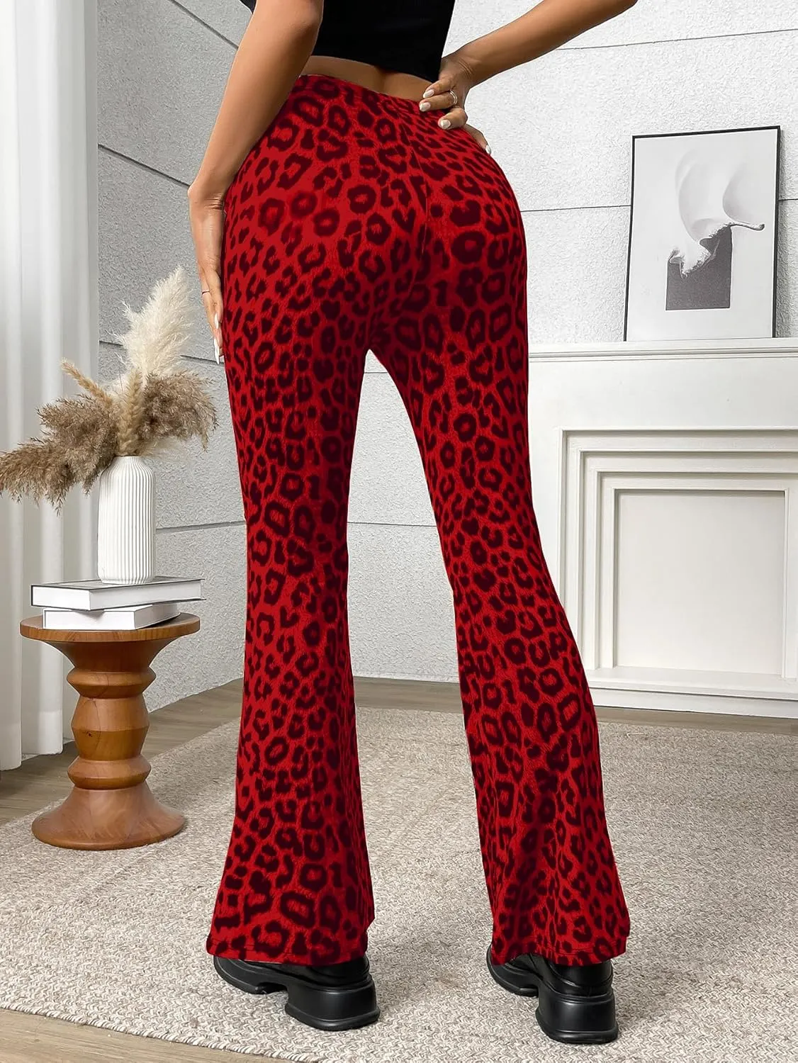 Women's Leopard Print Skinny Flared Pants Casual Fitted Flared Yoga Pants