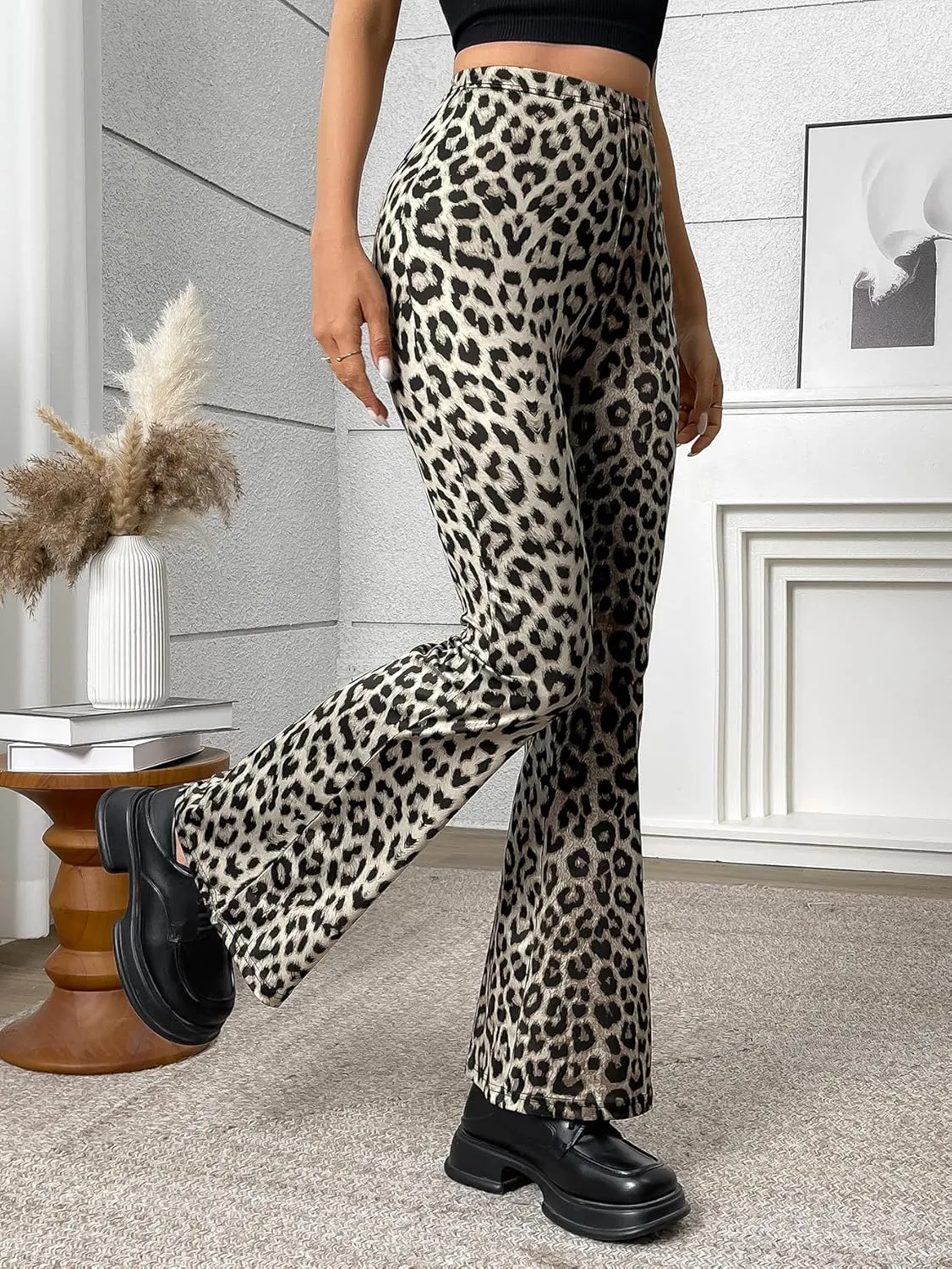 Women's Leopard Print Skinny Flared Pants Casual Fitted Flared Yoga Pants
