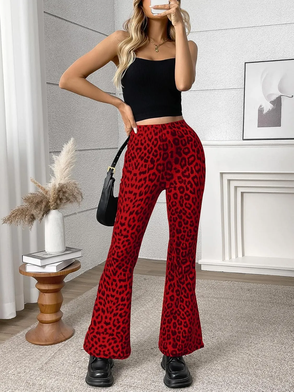 Women's Leopard Print Skinny Flared Pants Casual Fitted Flared Yoga Pants