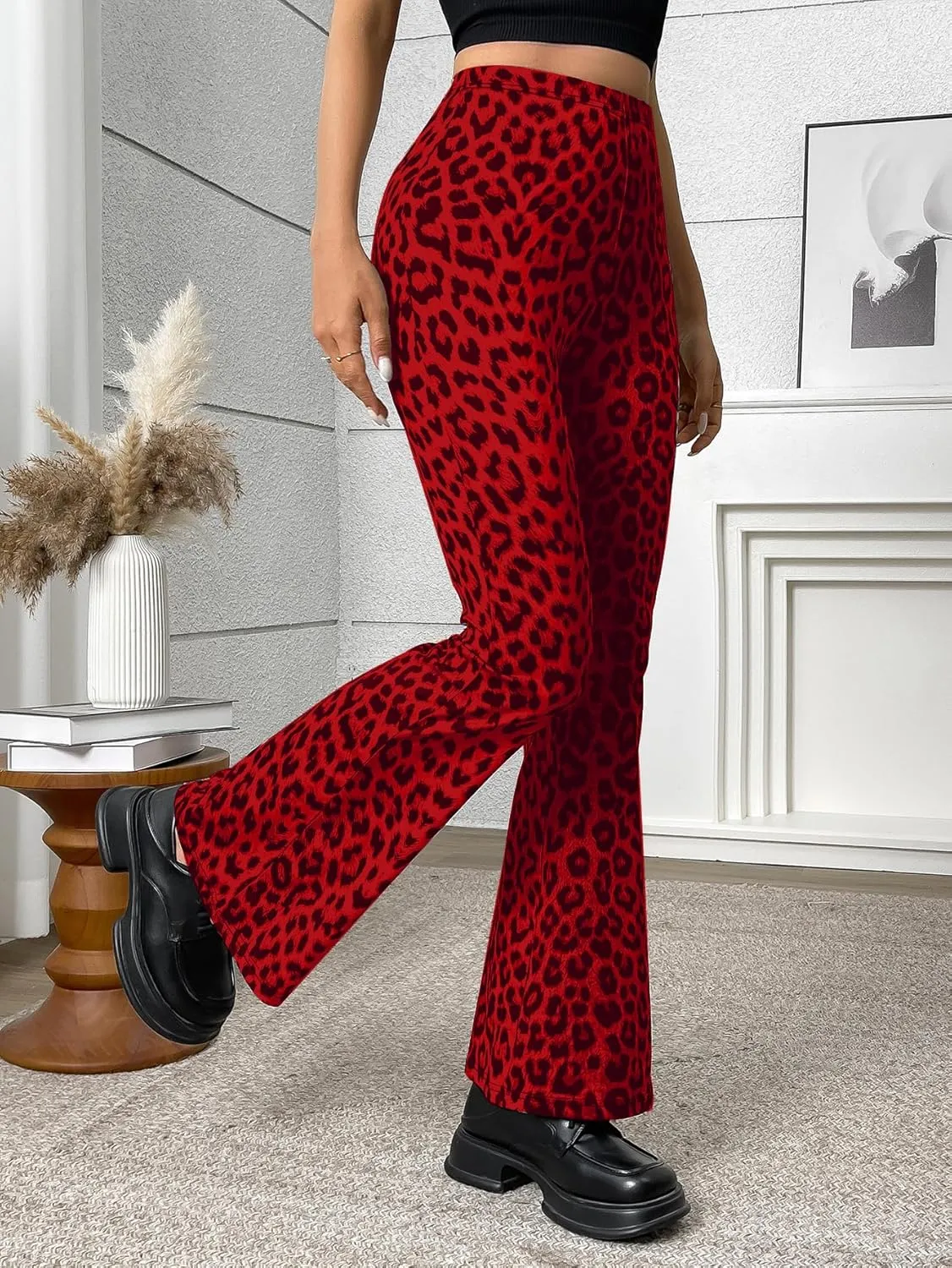 Women's Leopard Print Skinny Flared Pants Casual Fitted Flared Yoga Pants