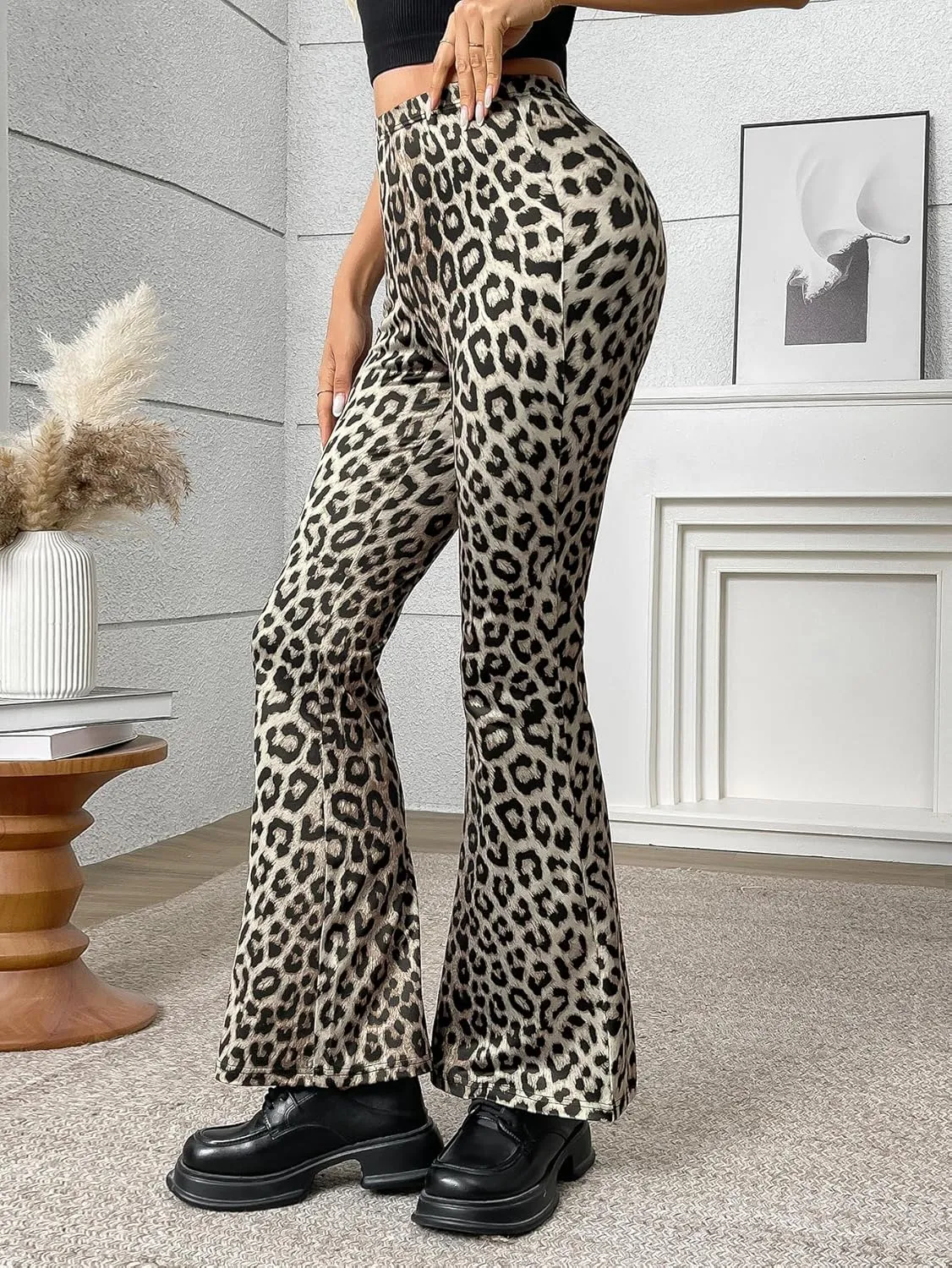 Women's Leopard Print Skinny Flared Pants Casual Fitted Flared Yoga Pants
