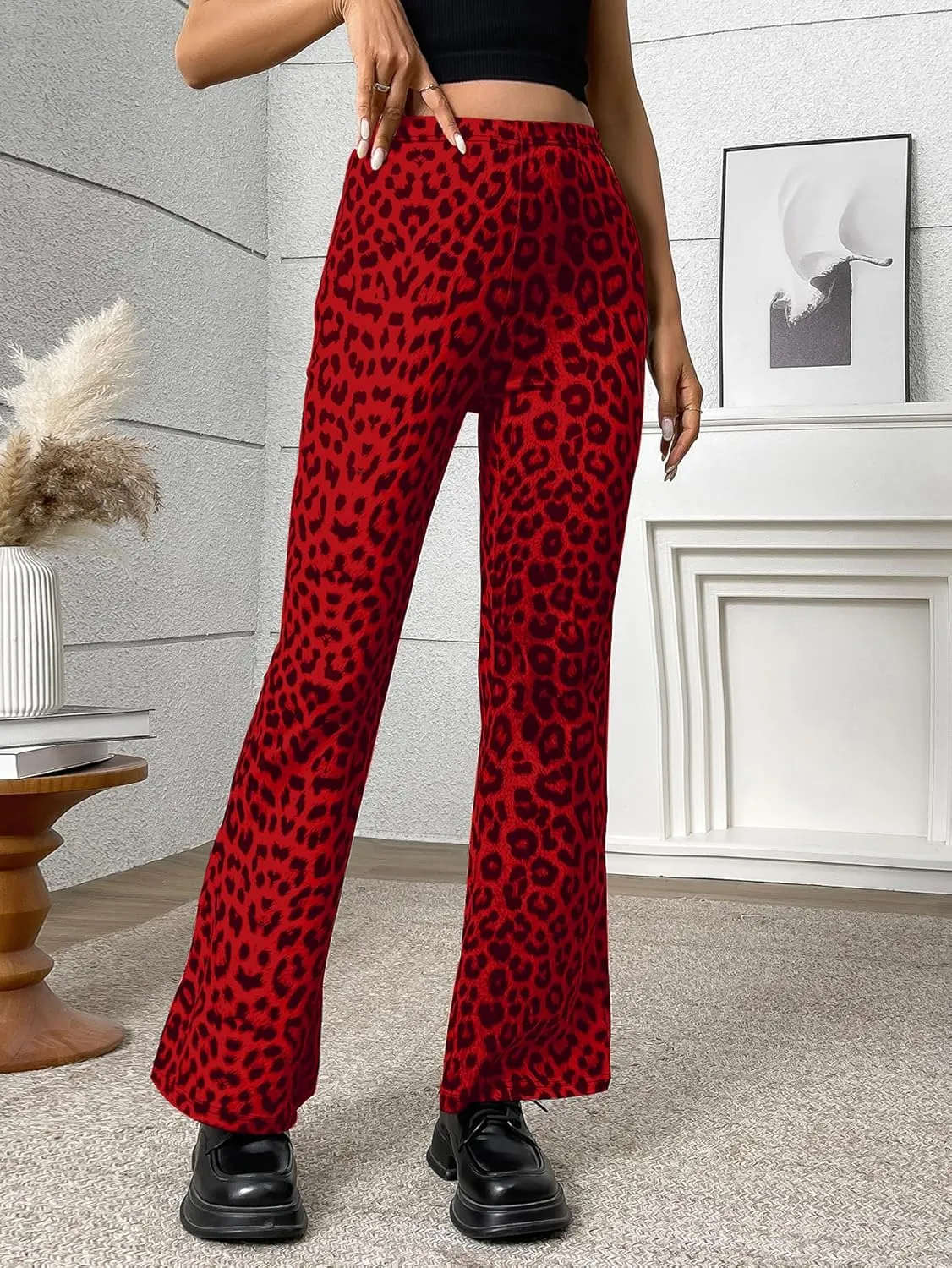 Women's Leopard Print Skinny Flared Pants Casual Fitted Flared Yoga Pants