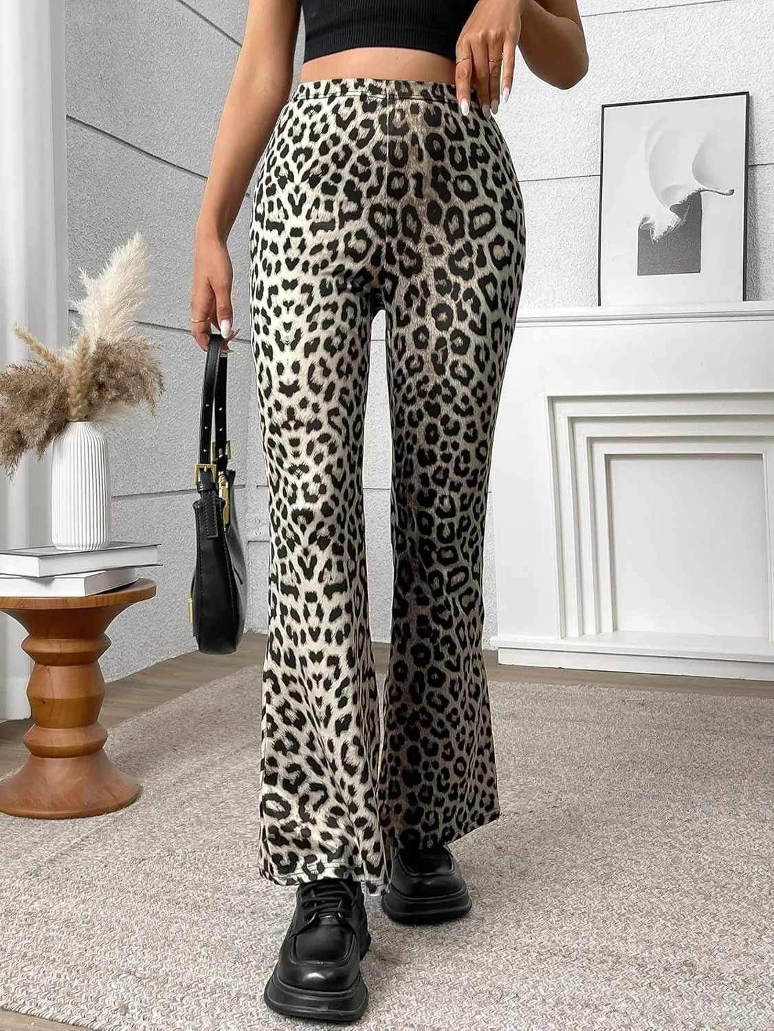 Women's Leopard Print Skinny Flared Pants Casual Fitted Flared Yoga Pants