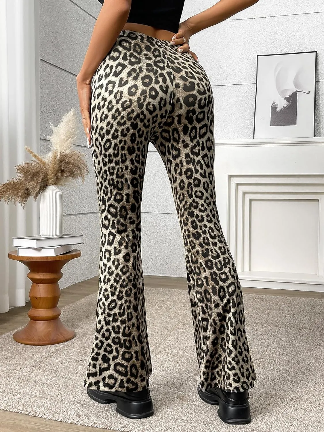 Women's Leopard Print Skinny Flared Pants Casual Fitted Flared Yoga Pants