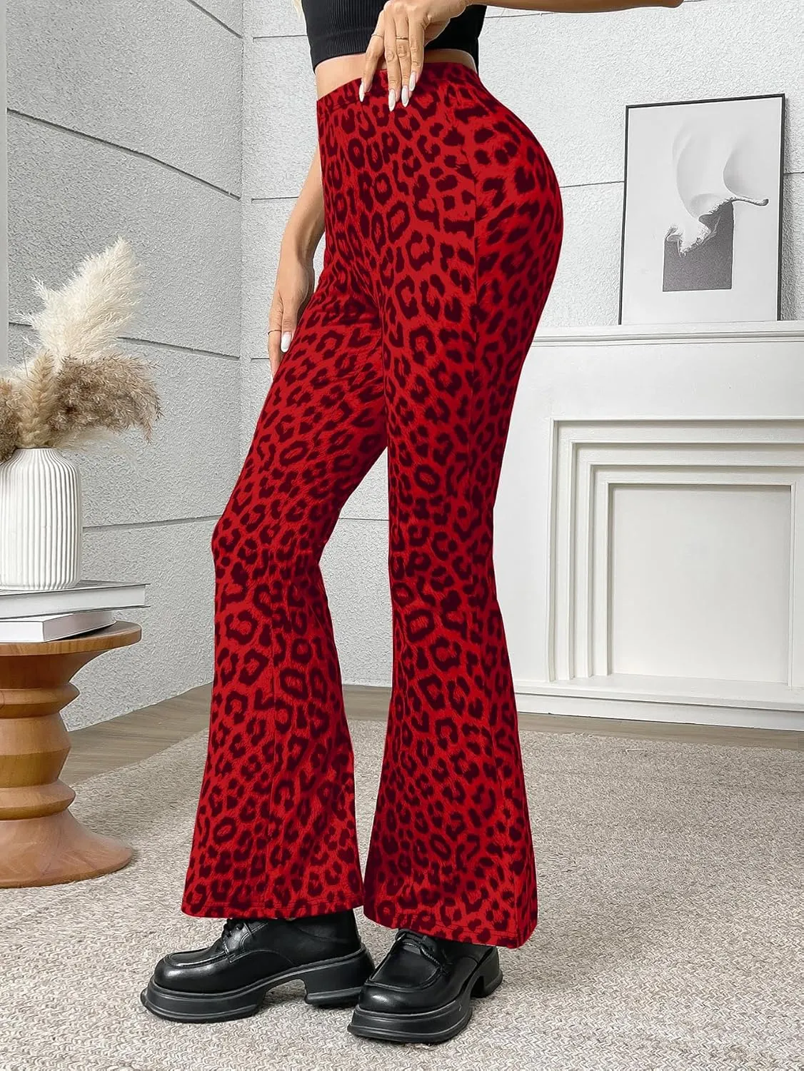Women's Leopard Print Skinny Flared Pants Casual Fitted Flared Yoga Pants