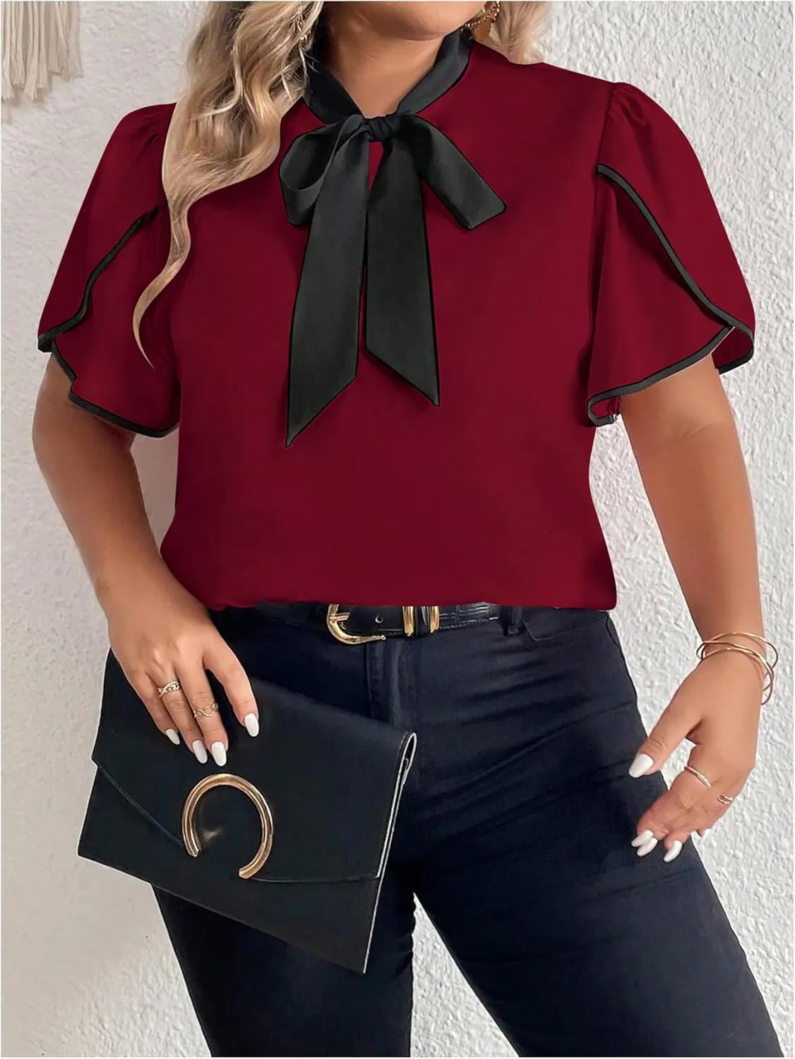 Women's Plus Size Work Office Blouse Bow Tie Neck Petal Sleeve Business Casual Blouse Shirts Top