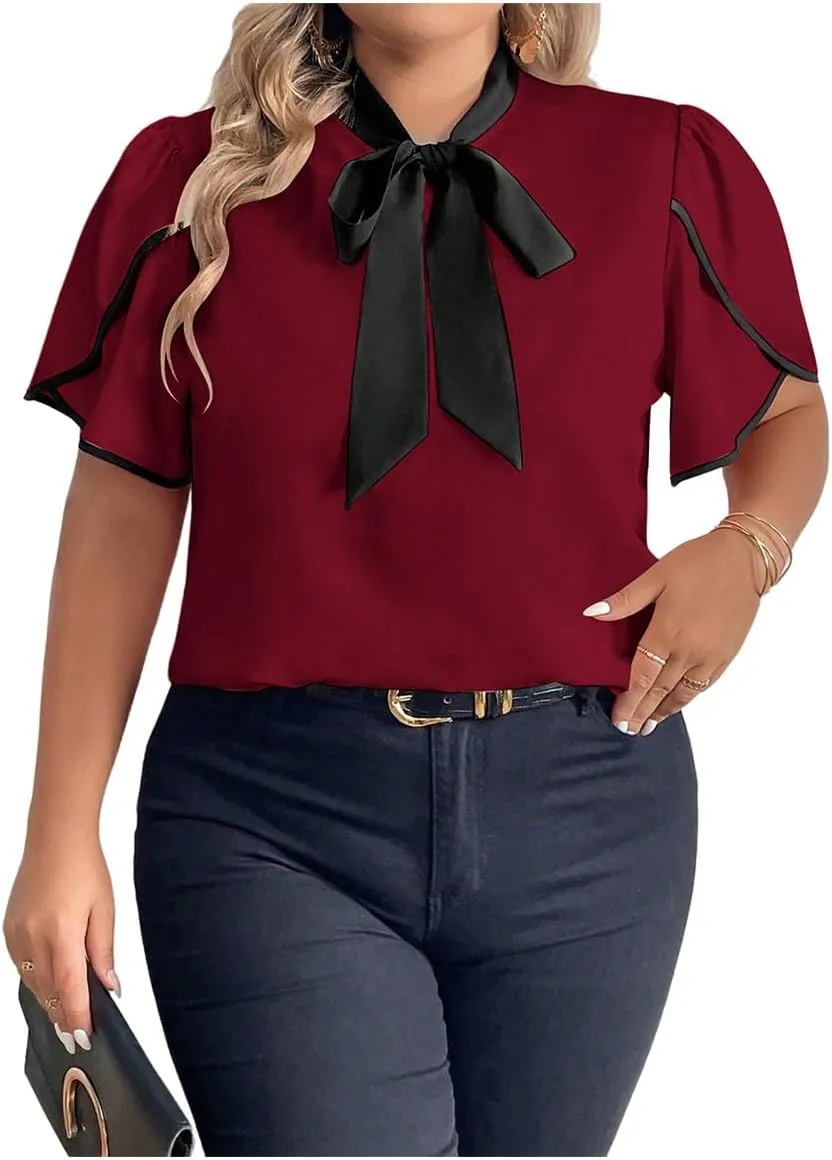 Women's Plus Size Work Office Blouse Bow Tie Neck Petal Sleeve Business Casual Blouse Shirts Top