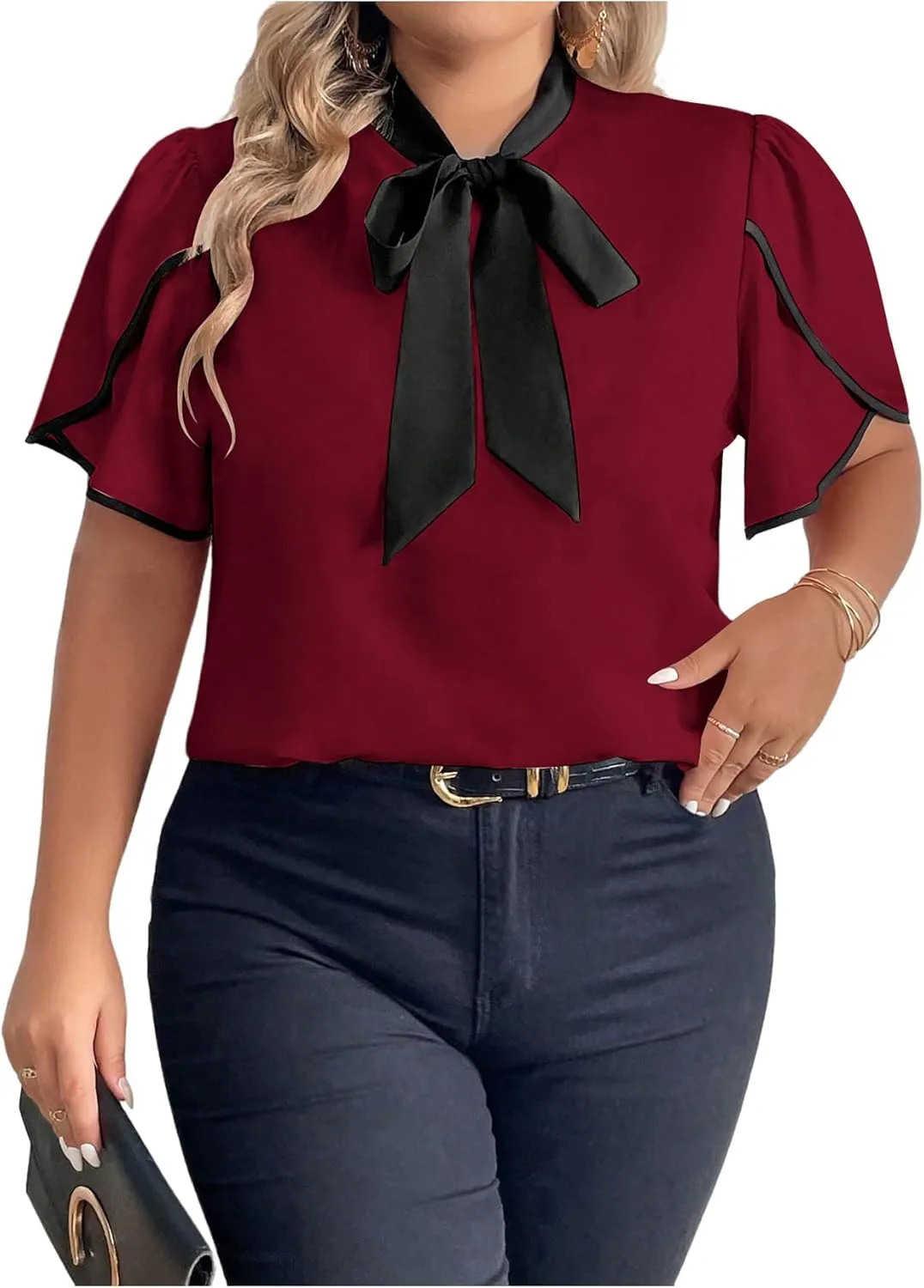 Women's Plus Size Work Office Blouse Bow Tie Neck Petal Sleeve Business Casual Blouse Shirts Top