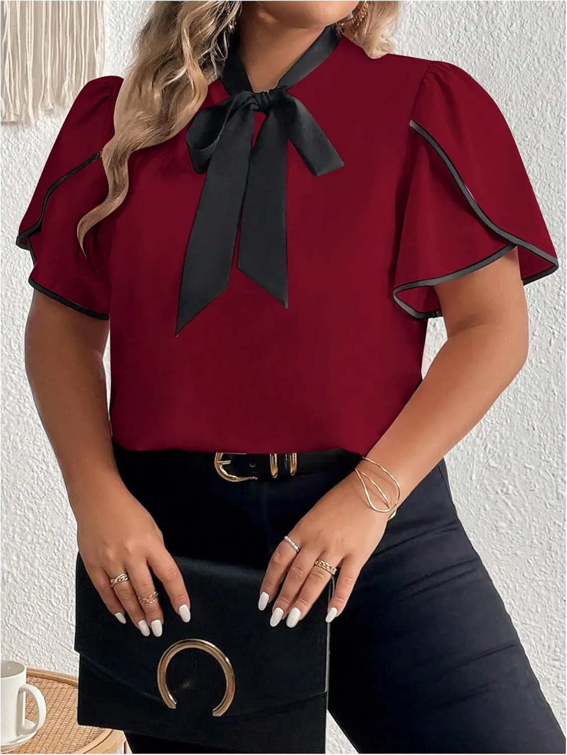 Women's Plus Size Work Office Blouse Bow Tie Neck Petal Sleeve Business Casual Blouse Shirts Top
