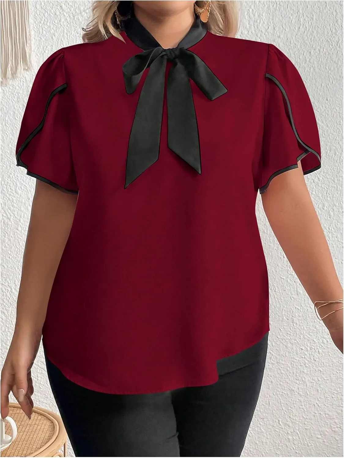 Women's Plus Size Work Office Blouse Bow Tie Neck Petal Sleeve Business Casual Blouse Shirts Top