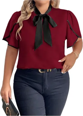 Women's Plus Size Work Office Blouse Bow Tie Neck Petal Sleeve Business Casual Blouse Shirts Top