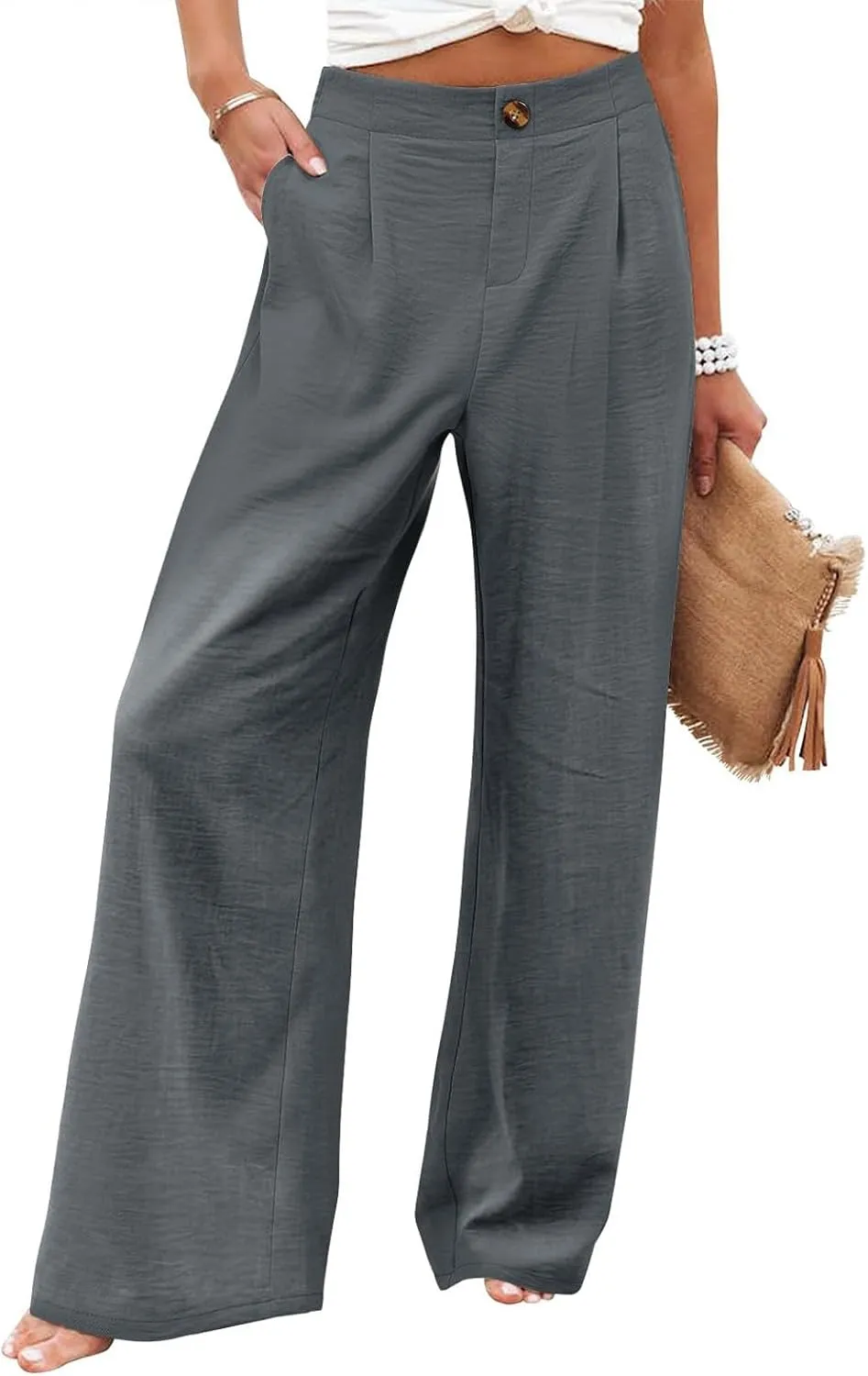 Women's Solid Color Casual High Waisted Buttoned Elastic Pocket Wide Leg Straight Dressy Loose Fit Pants