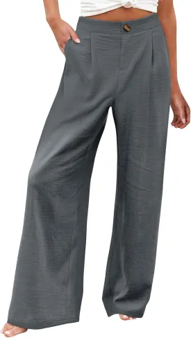 Women's Solid Color Casual High Waisted Buttoned Elastic Pocket Wide Leg Straight Dressy Loose Fit Pants