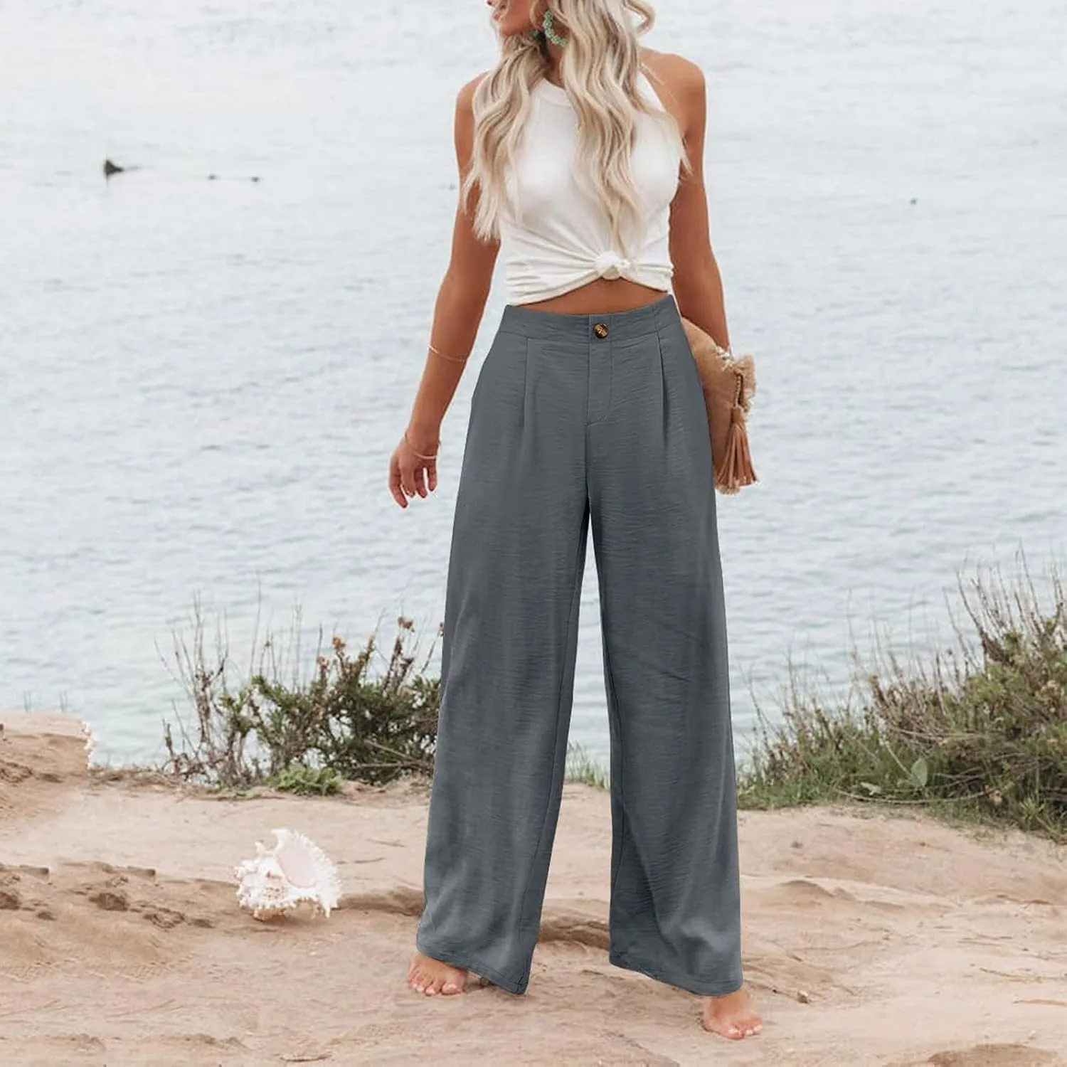 Women's Solid Color Casual High Waisted Buttoned Elastic Pocket Wide Leg Straight Dressy Loose Fit Pants