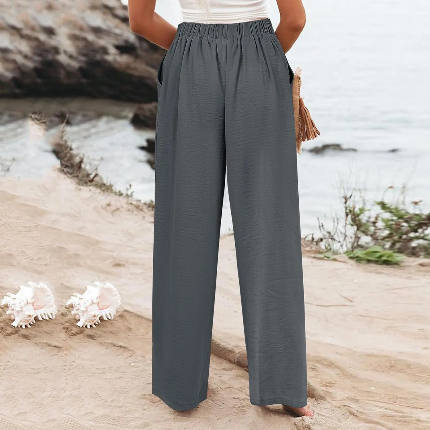 Women's Solid Color Casual High Waisted Buttoned Elastic Pocket Wide Leg Straight Dressy Loose Fit Pants