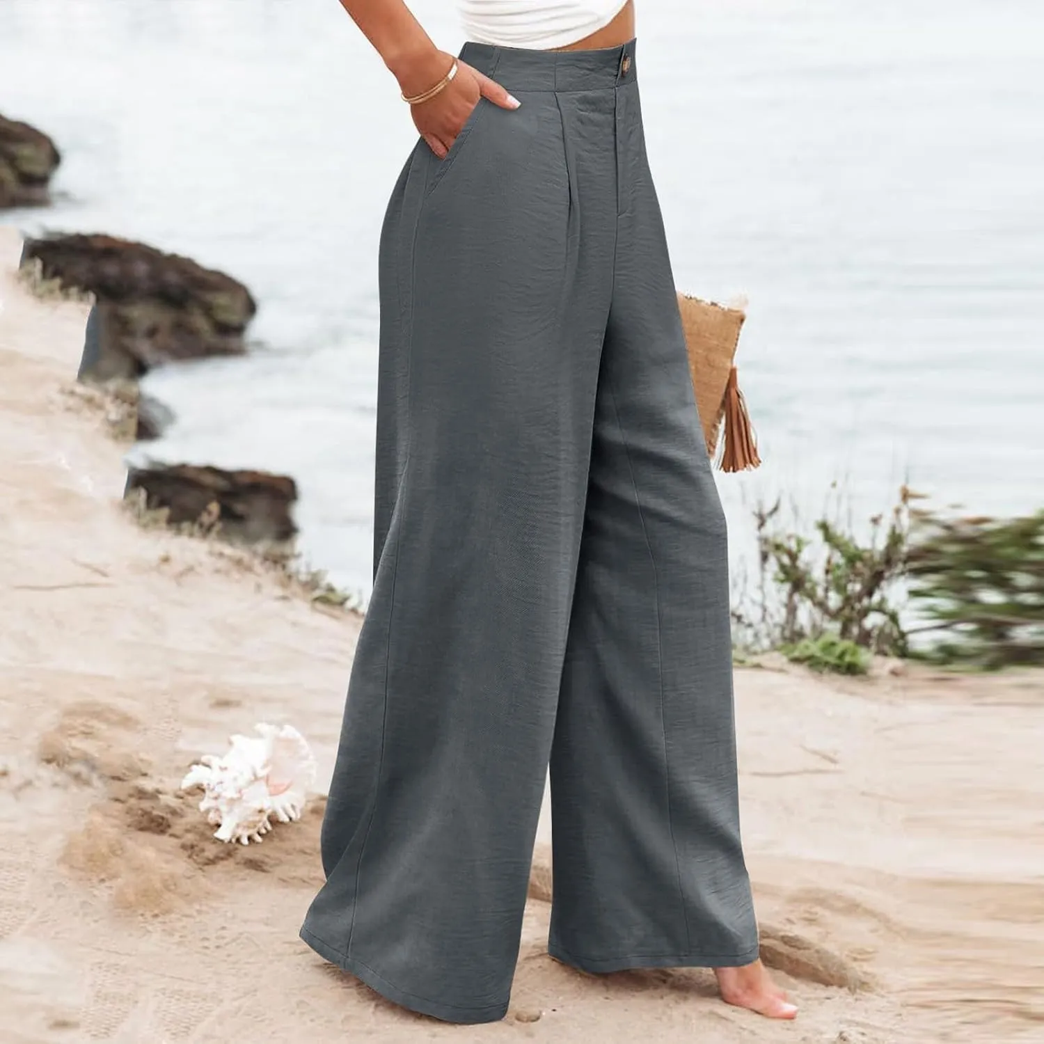 Women's Solid Color Casual High Waisted Buttoned Elastic Pocket Wide Leg Straight Dressy Loose Fit Pants