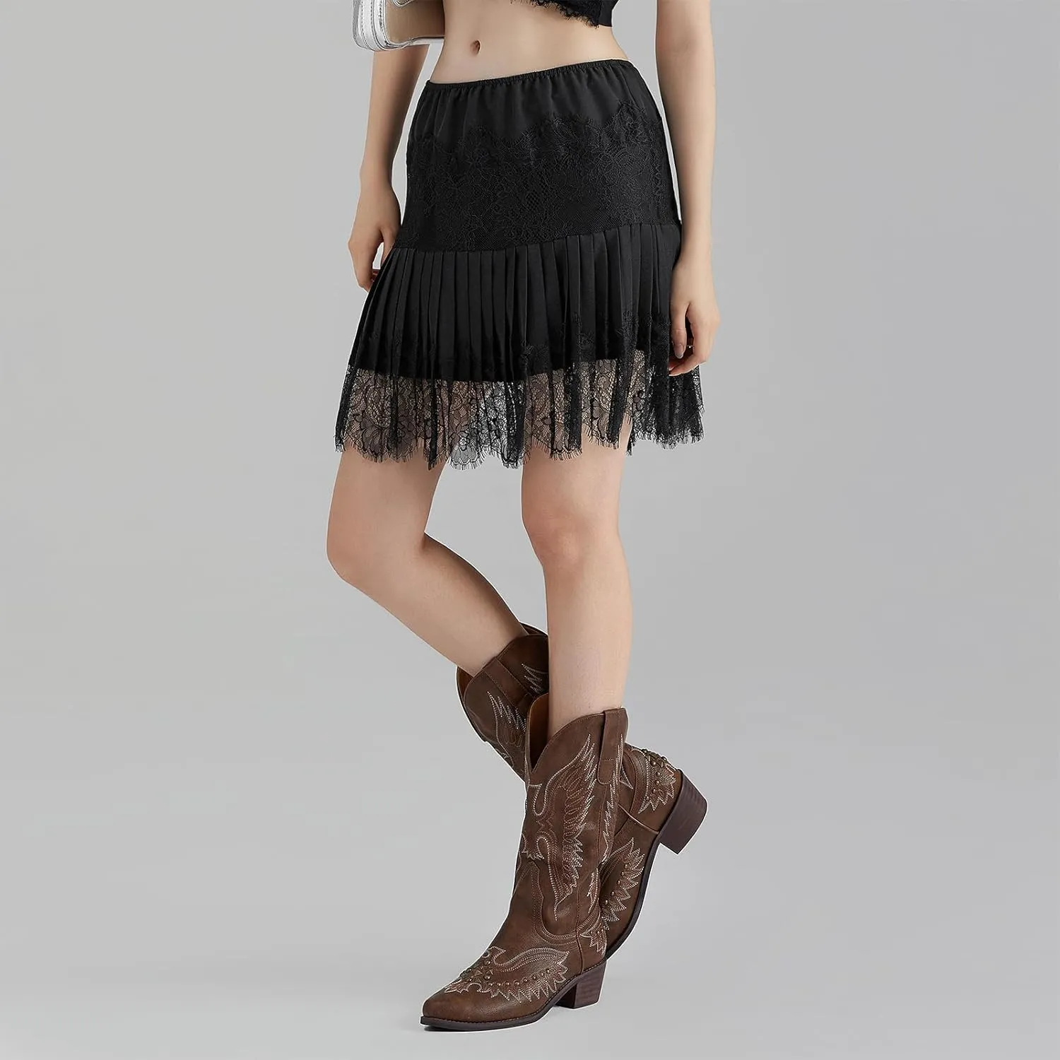 Womens Y2K Lace Mini Skirts Fashion Low Rise Pleated Lace Slip Mesh Floral Layered Skirts Summer Flowy Short Skirts