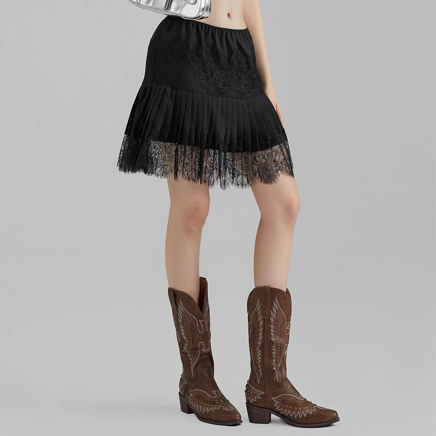 Womens Y2K Lace Mini Skirts Fashion Low Rise Pleated Lace Slip Mesh Floral Layered Skirts Summer Flowy Short Skirts