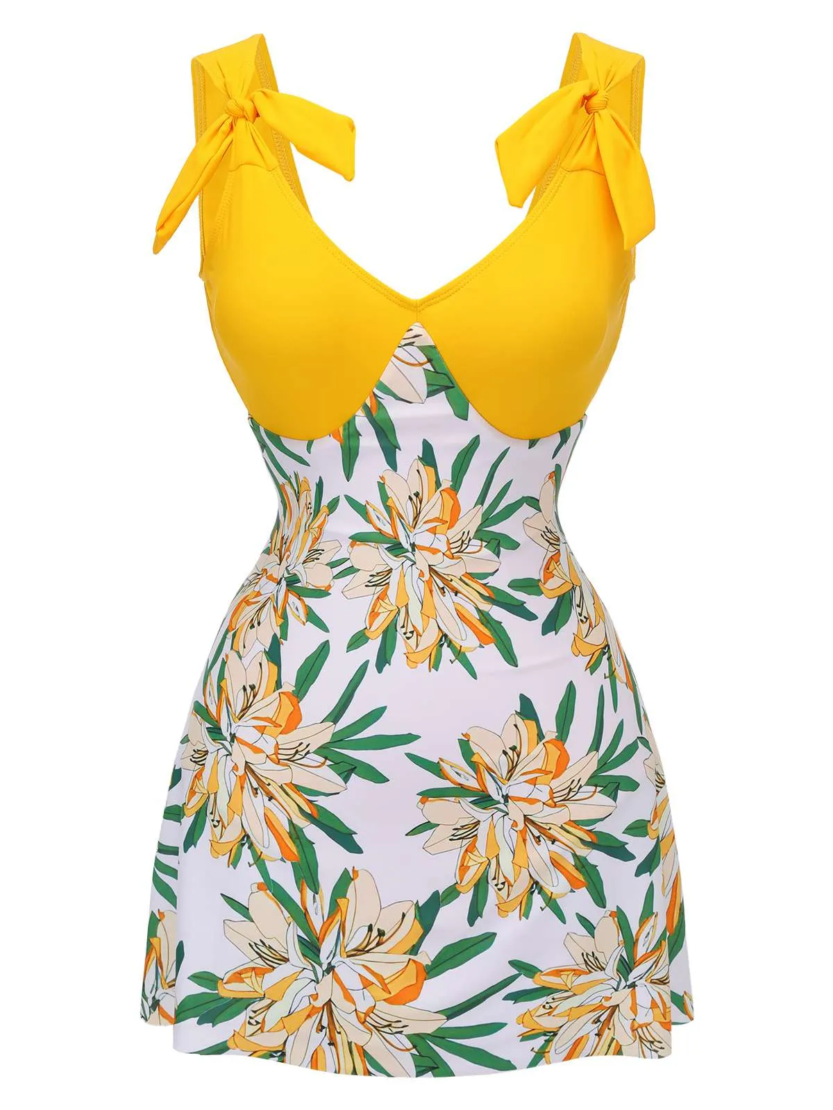 Yellow 1940s Floral Patchwork One-Piece Swimsuit