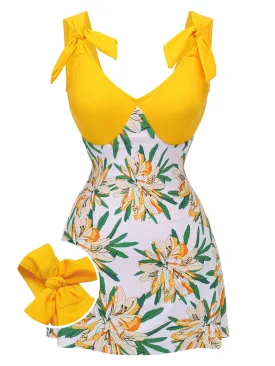 Yellow 1940s Floral Patchwork One-Piece Swimsuit