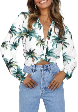 Zeagoo Women's Long Sleeve Crop Blouse Casual Button Shirts V Neck Twist Hem Top Blouse