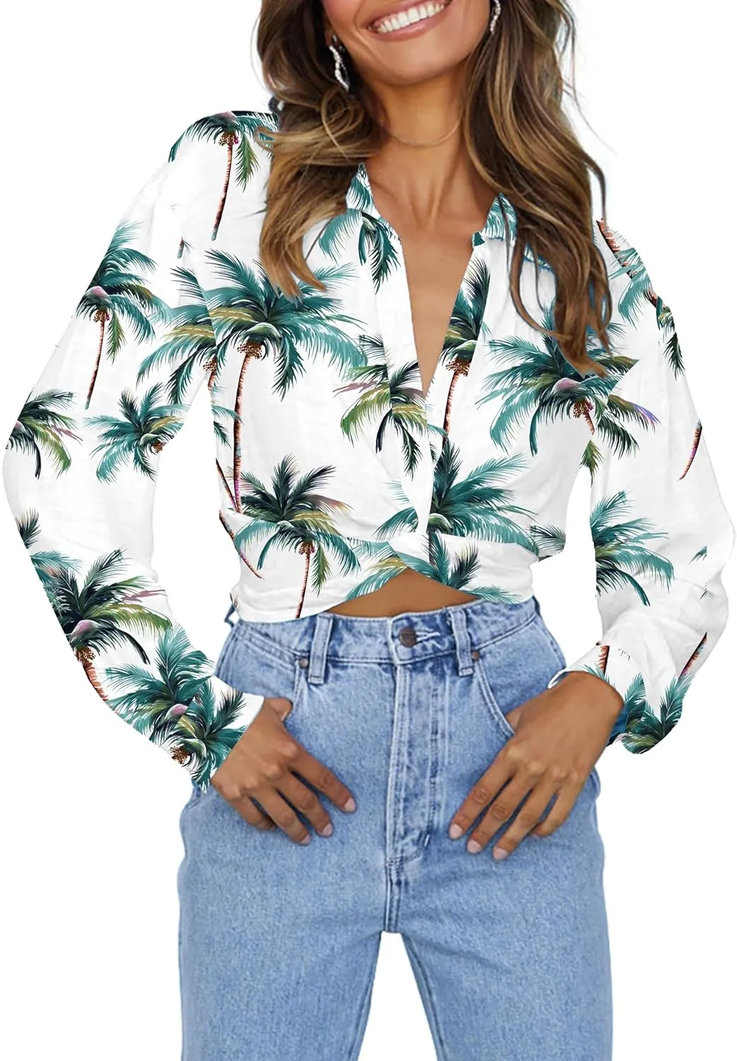 Zeagoo Women's Long Sleeve Crop Blouse Casual Button Shirts V Neck Twist Hem Top Blouse