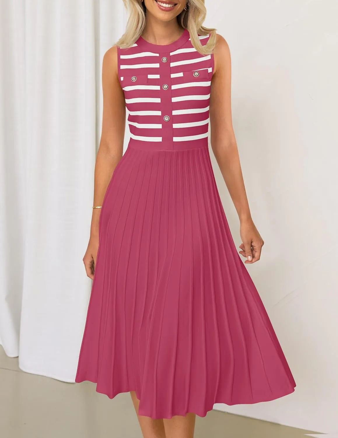 ZESICA Women's Sleeveless Striped Midi Dress Summer Crewneck Button Knit Swing Pleated A Line Casual Dresses