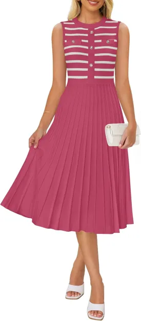 ZESICA Women's Sleeveless Striped Midi Dress Summer Crewneck Button Knit Swing Pleated A Line Casual Dresses
