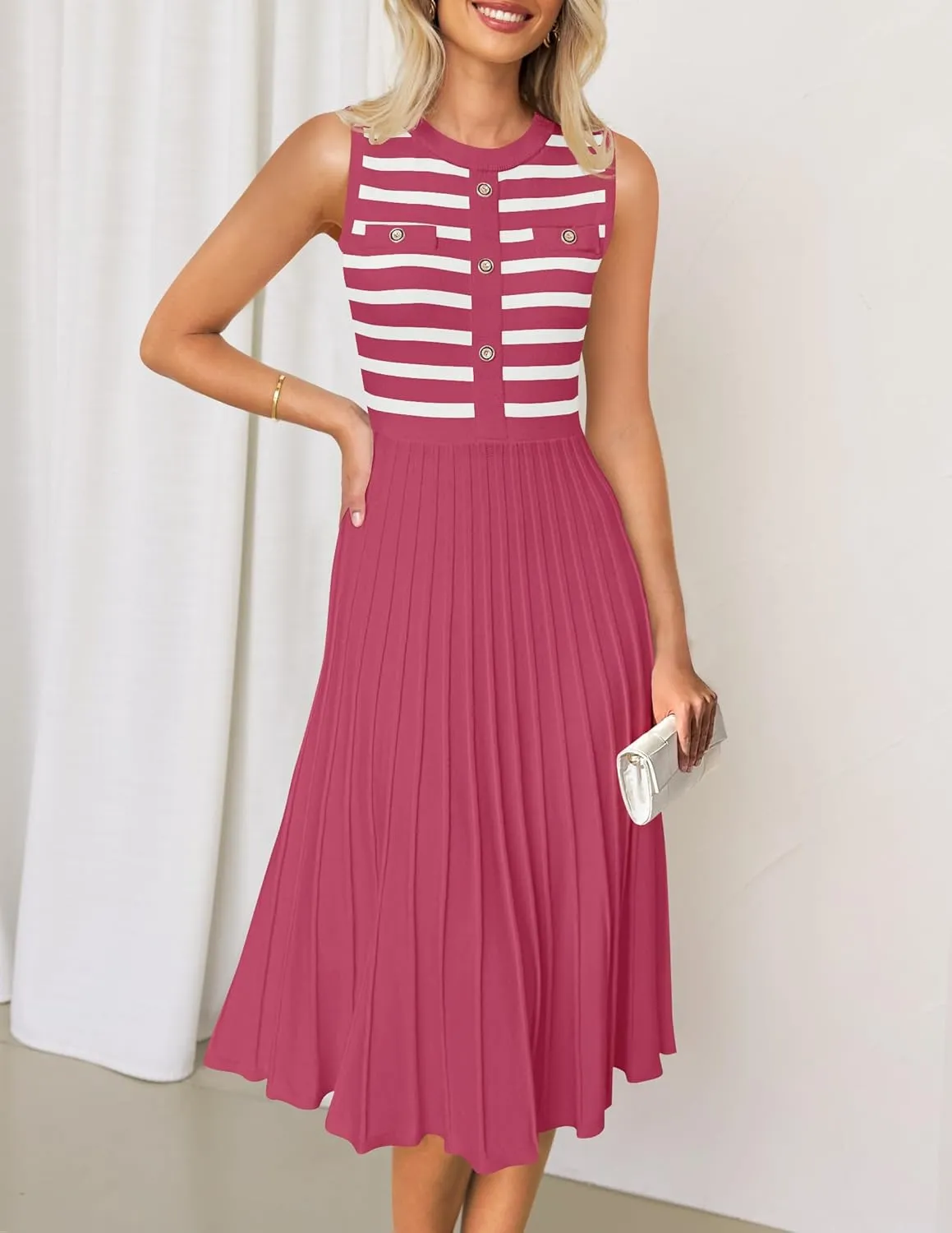 ZESICA Women's Sleeveless Striped Midi Dress Summer Crewneck Button Knit Swing Pleated A Line Casual Dresses