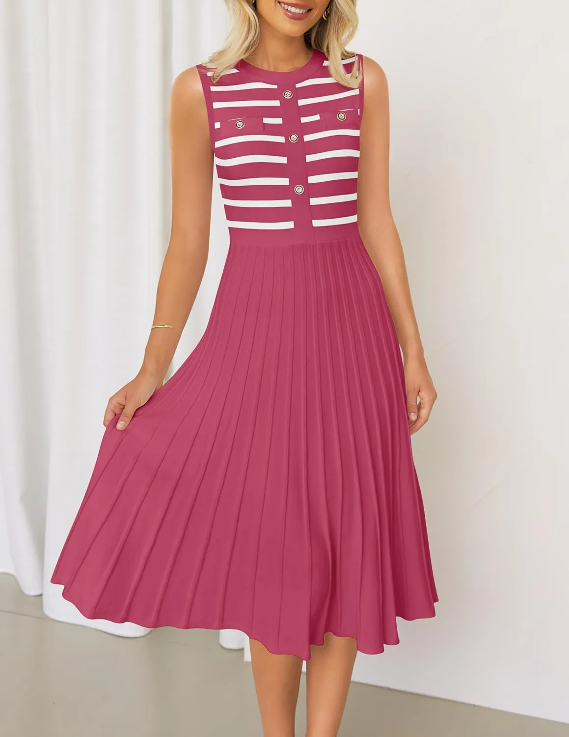 ZESICA Women's Sleeveless Striped Midi Dress Summer Crewneck Button Knit Swing Pleated A Line Casual Dresses