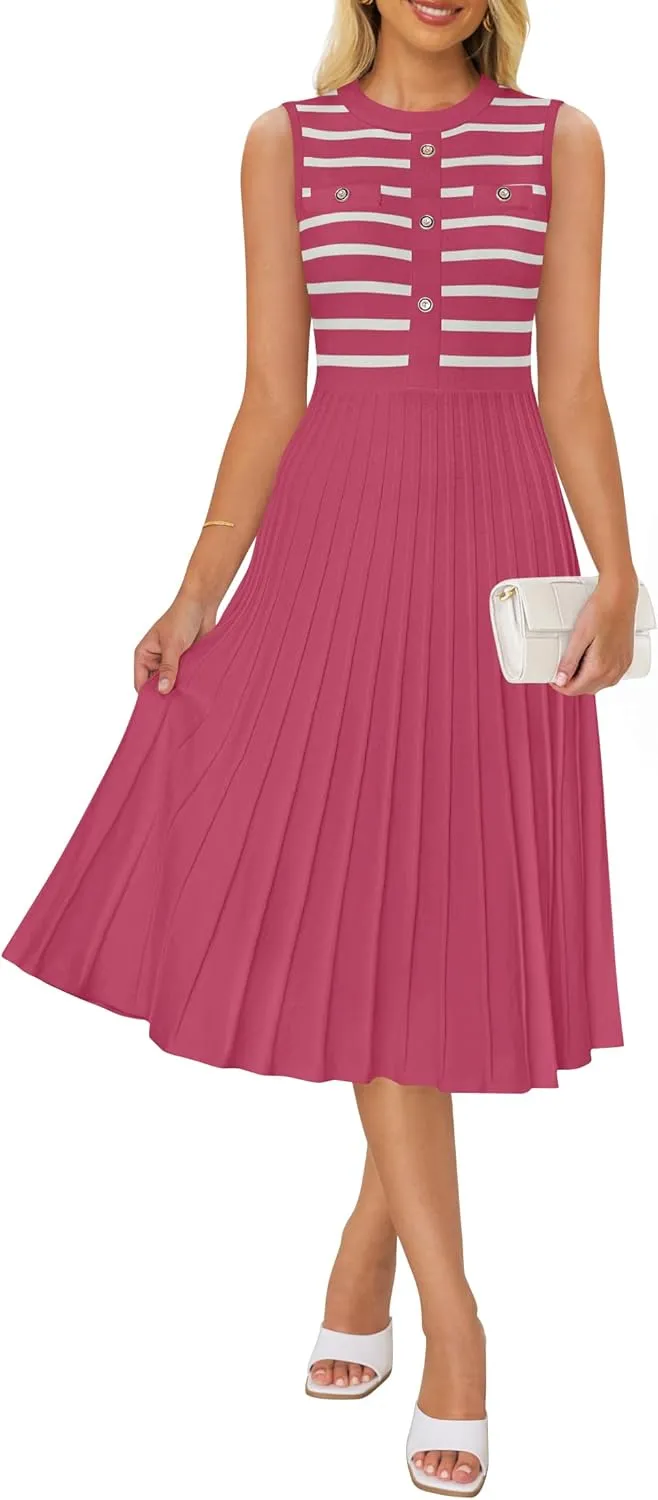ZESICA Women's Sleeveless Striped Midi Dress Summer Crewneck Button Knit Swing Pleated A Line Casual Dresses